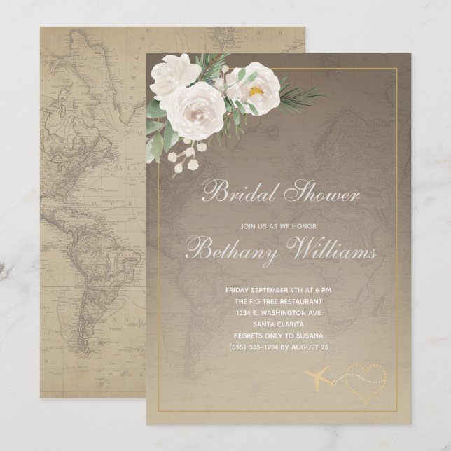 Vintage Map Floral  Bridal Shower Invitation (Front/Back)