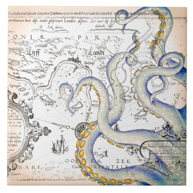 Vintage Map Grunge Tentacles Tile (Front)