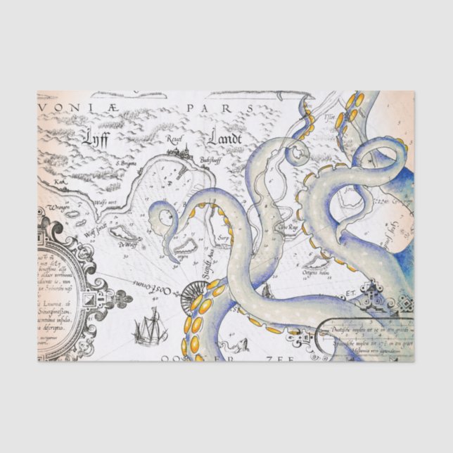 Vintage Map Grunge Tentacles Tissue Paper (Front)