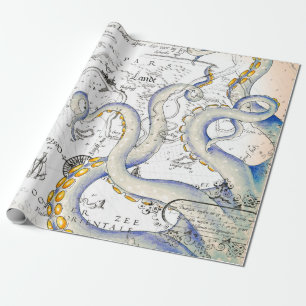 Vintage Map Grunge Tentacles Wrapping Paper