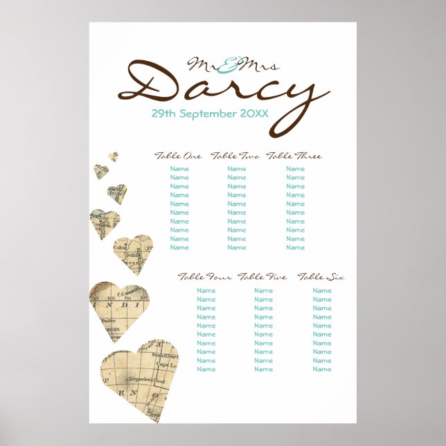 Vintage Map Heart Seating Chart (Front)