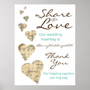 Vintage Map Hearts Wedding Hashtag Sign