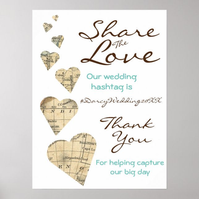 Vintage Map Hearts Wedding Hashtag Sign (Front)