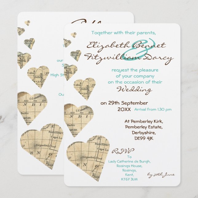 Vintage Map Hearts Wedding Invitation (Front/Back)