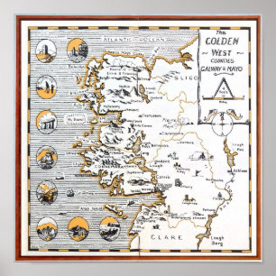 VINTAGE MAP IRELAND COUNTIES MAYO / GALWAY POSTER