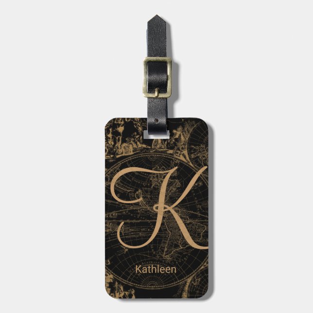 Vintage Map Monogrammed Initial Name Black Luggage Tag (Front Vertical)