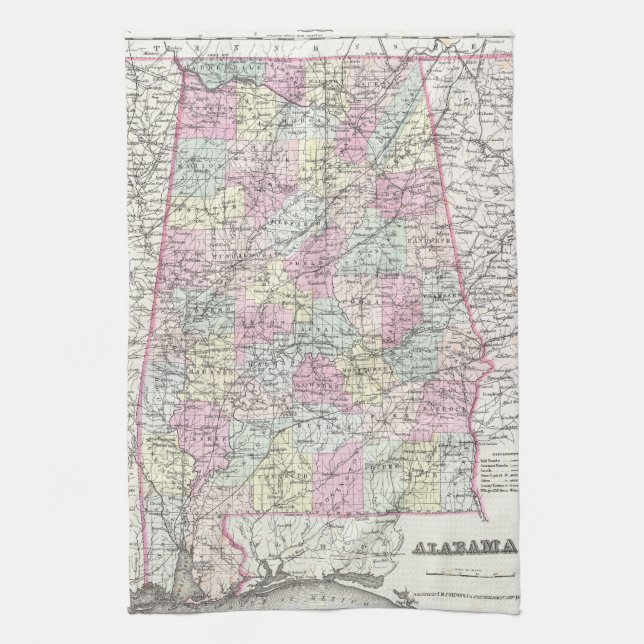 Vintage Map of Alabama (1855) Tea Towel (Vertical)