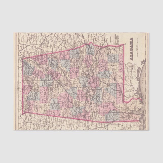 Vintage Map of Alabama Counties (1876) Tissue Paper (Front)