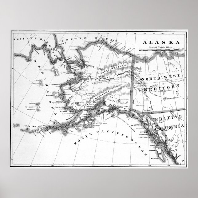 Vintage Map of Alaska (1883) BW Poster (Front)