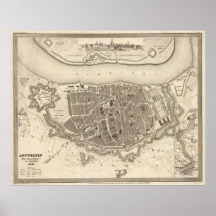 Vintage Map of Antwerp Belgium (1845) Poster