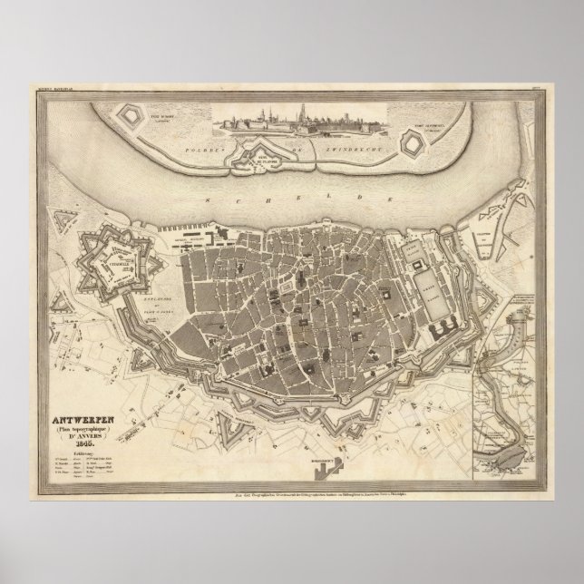 Vintage Map of Antwerp Belgium (1845) Poster (Front)