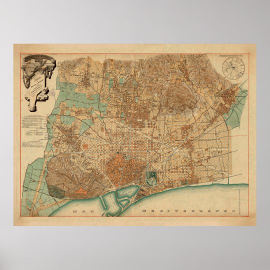 Vintage Map of Barcelona Spain (1890) Poster | Zazzle.co.uk