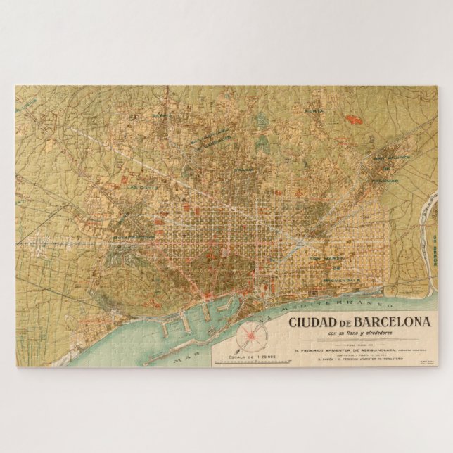 Vintage Map of Barcelona Spain (1919) Jigsaw Puzzle (Horizontal)