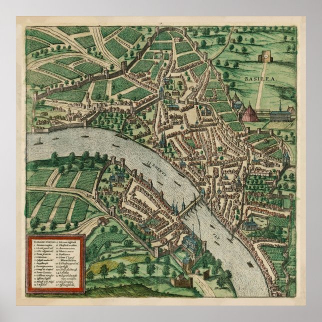 Vintage Map of Basel Switzerland (1572) Poster (Front)