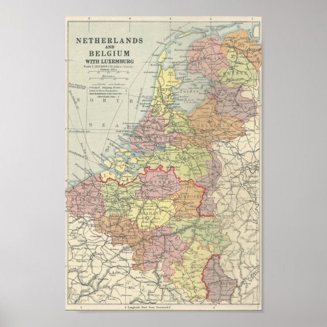 Vintage Map of Belgium, Luxembourg and Netherlands Poster (Front)