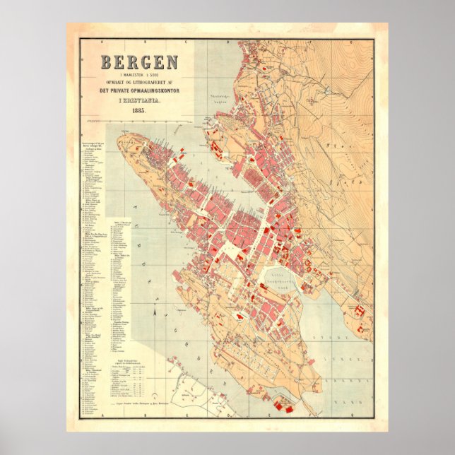 Vintage Map of Bergen Norway (1885) Poster (Front)