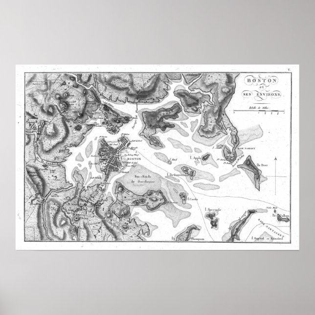 Vintage Map of Boston Harbour (1807) BW Poster (Front)