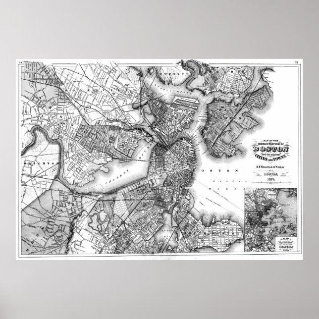 Vintage Map of Boston Massachusetts (1871) BW Poster (Front)