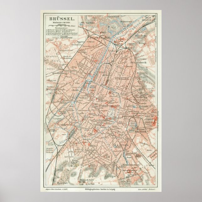 Vintage Map of Brussels Belgium (1907) Poster (Front)