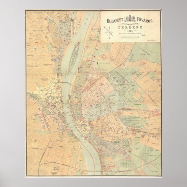 Vintage Map of Budapest Hungary (1884) Poster (Front)
