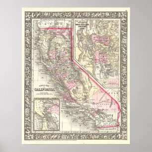 Vintage Map of California, 1866 Poster