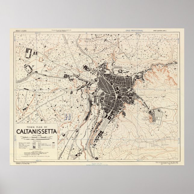 Vintage Map of Caltanissetta Italy (1943) Poster (Front)