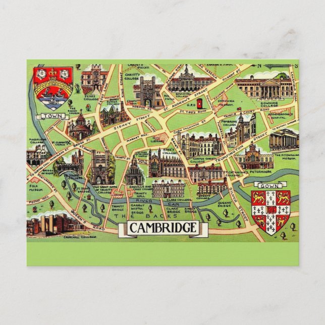 Vintage Map of Cambridge Postcard (Front)
