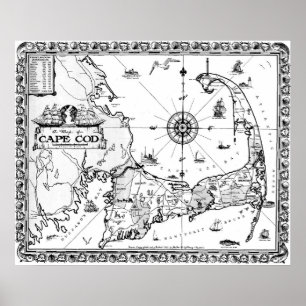 Vintage Map of Cape Cod BW Poster
