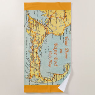 Vintage Map of Cape Cod Orange Beach Towel