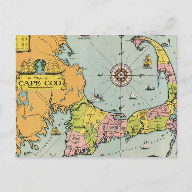 Vintage Map of Cape Cod Postcard (Front)
