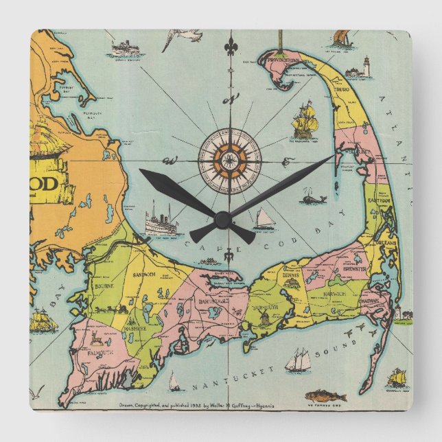 Vintage Map of Cape Cod Square Wall Clock (Front)