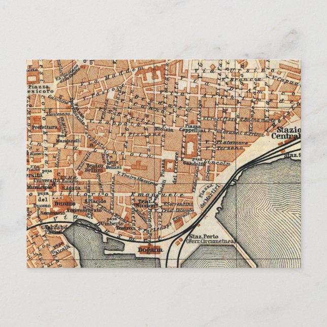 Vintage Map of Catania Italy (1905) Postcard (Front)