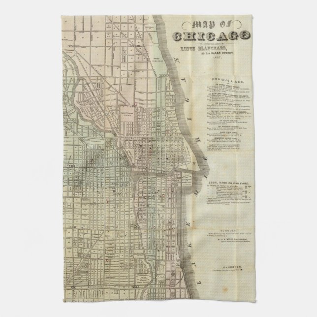 Vintage Map of Chicago (1857) Tea Towel (Vertical)