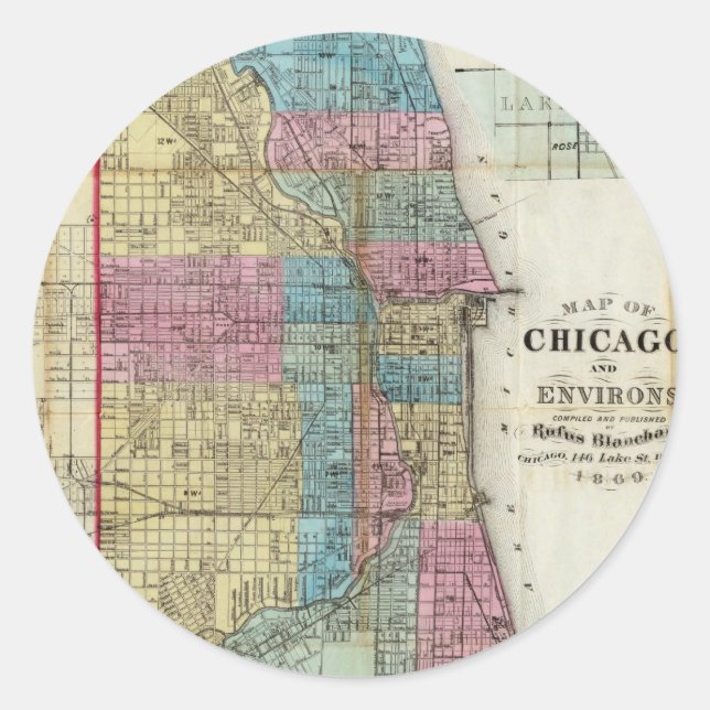 Vintage Map of Chicago (1869) Classic Round Sticker (Front)