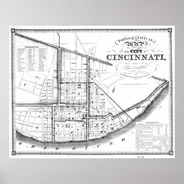 Vintage Map of Cincinnati Ohio (1841) BW Poster (Front)
