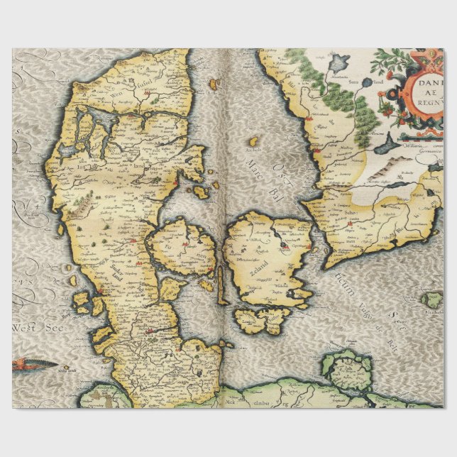 Vintage Map of Denmark (1596) Wrapping Paper (Flat)