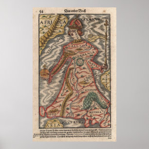 Vintage Map of Europe as a Queen (1570) Poster