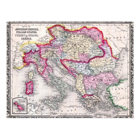 Vintage Map Of Europe Austria Italy Turkey Greece Postcard