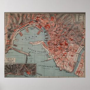 Vintage Map of Genoa Italy (1894) Poster