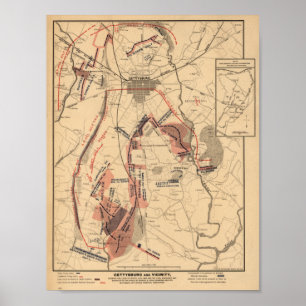 Vintage Map of Gettysburg and Vicinity, July 1863 Poster