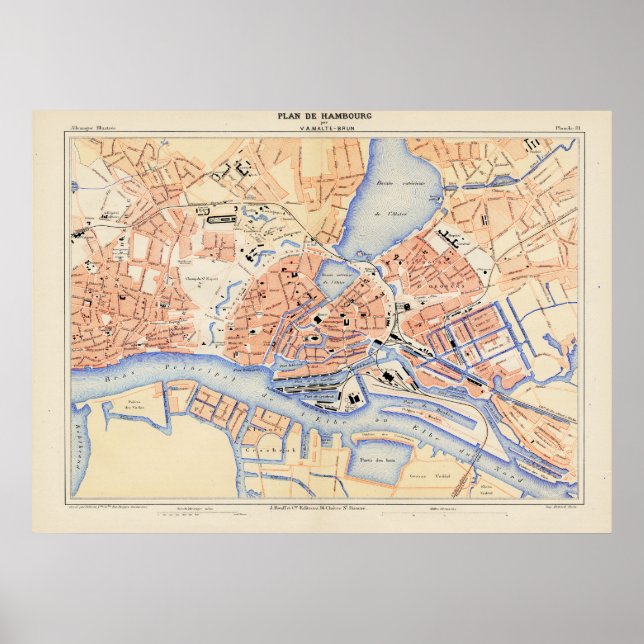 Vintage Map of Hamburg Germany (1888) Poster (Front)