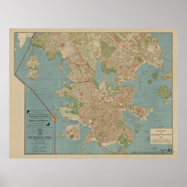 Vintage Map of Helsinki Finland (1916) Poster (Front)
