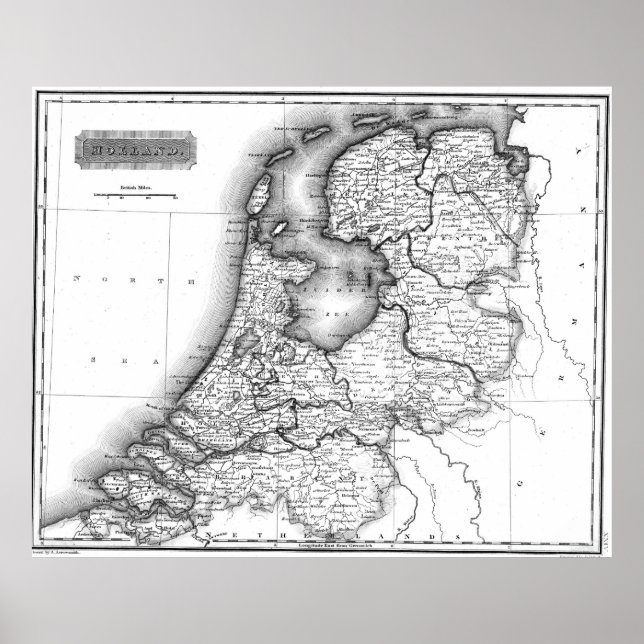 Vintage Map of Holland (1817) BW Poster (Front)