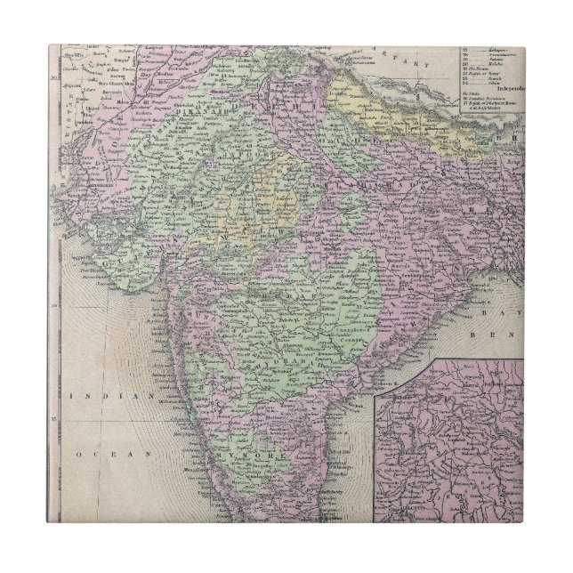 Vintage Map of India (1853) Tile (Front)
