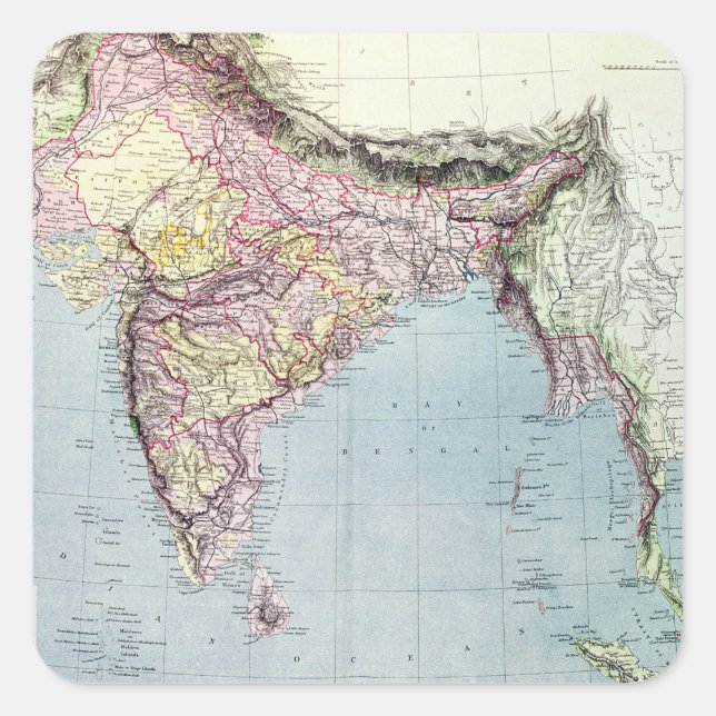 Vintage Map of India | 1877 Square Sticker (Front)