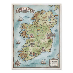 Vintage Map of Ireland - The Emerald Isle Poster