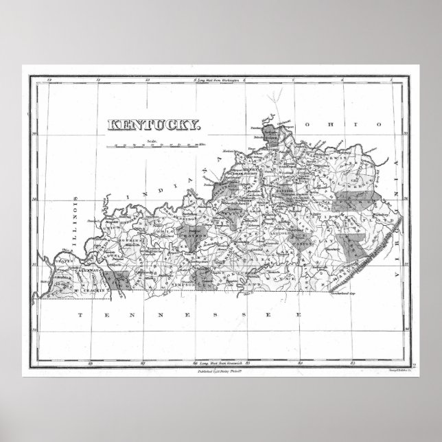 Vintage Map of Kentucky (1827) BW Poster (Front)