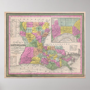 Vintage Map of Louisiana, 1853 Poster