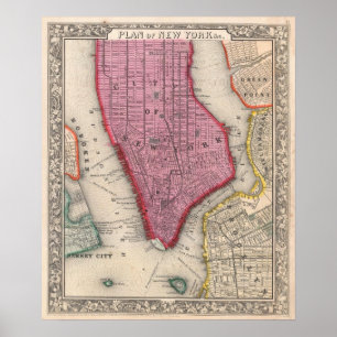 Vintage Map of Lower New York City (1860) Poster