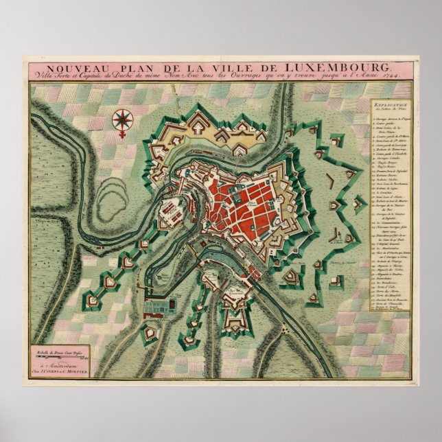 Vintage Map of Luxembourg City (1744) Poster (Front)